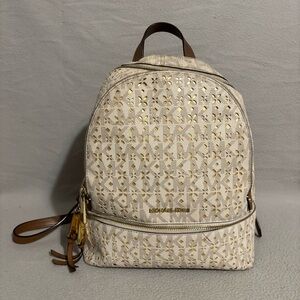 Michael Kors Inlay Patterned Cream and Gold Medium Size Spacious Backpack